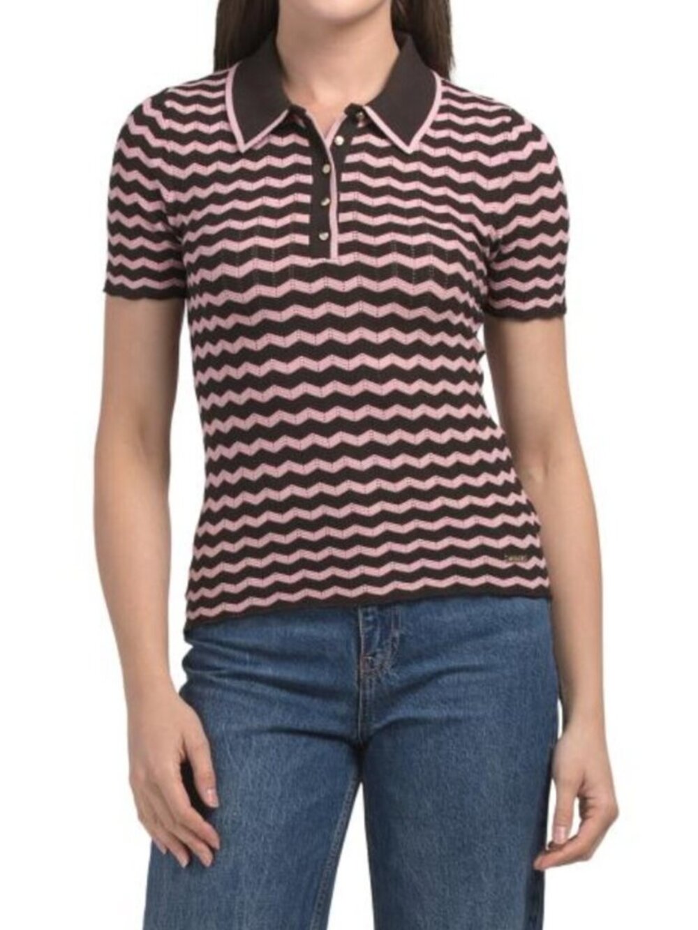 JASON WU Short Sleeve Novelty Chevron Polo Top With Scalloped Trim
